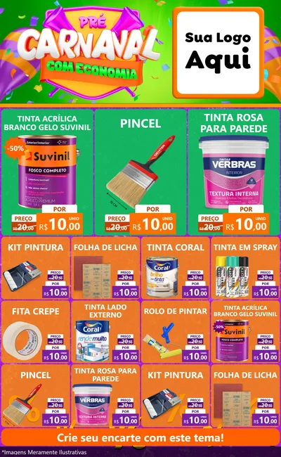 Modelo de Encarte para Encarte Grande com o tema Pré-Carnaval Com Economia para Tintas e Ferramentas