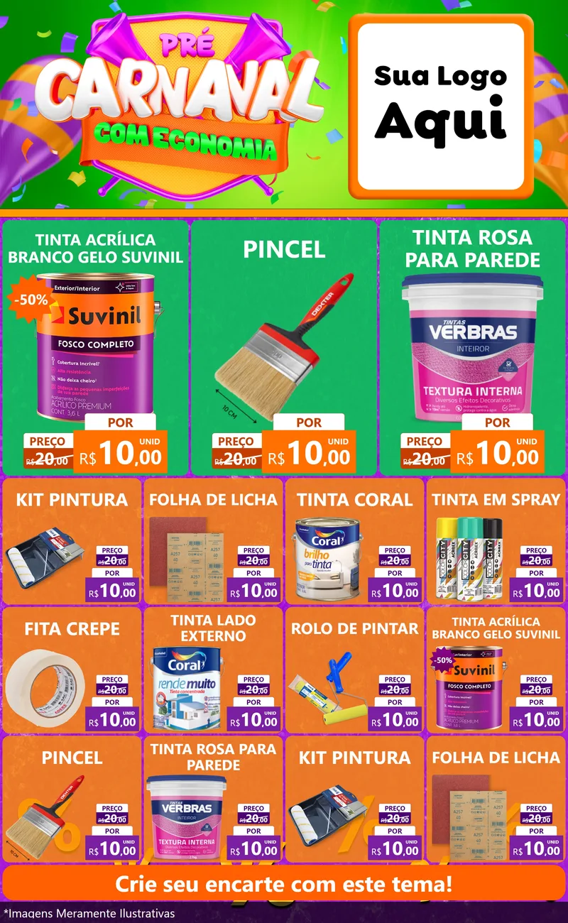 Modelo de Encarte para Encarte Grande com o tema Pré-Carnaval Com Economia para Tintas e Ferramentas