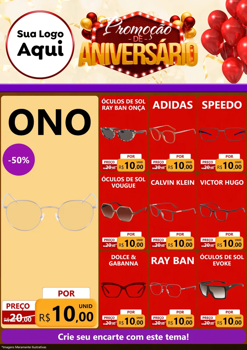 Modelo de Encarte para Encarte A4 Vertical com o tema Promoção de Aniversário para Óticas