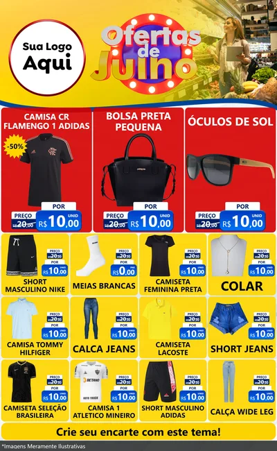 Modelo de Encarte para Encarte Grande com o tema Ofertas de Julho para Roupas e acessórios