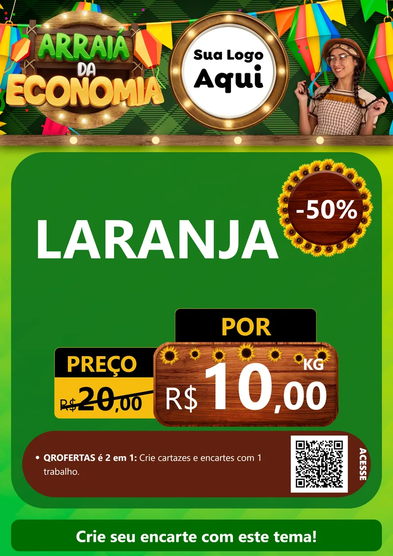 Modelo de Cartaz para Cartaz A4 Vertical com o tema Arraiá de Economia para Hortifrúti