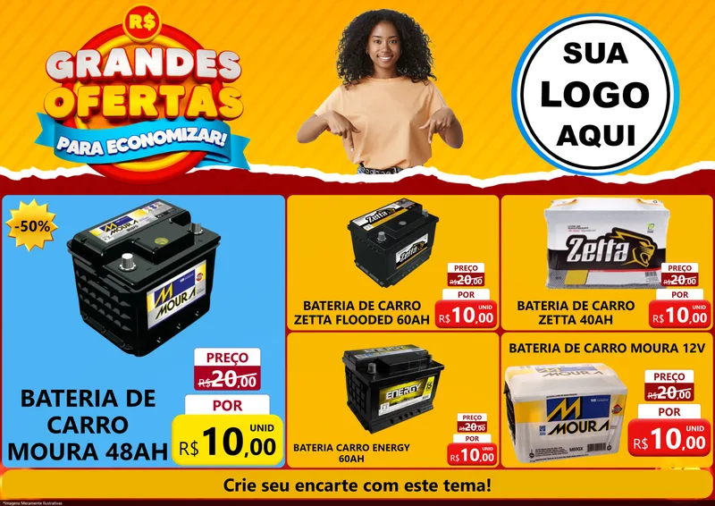 Modelo de Encarte para Encarte A4 Horizontal com o tema Grandes Ofertas Para Economizar! para Baterias Elétricas