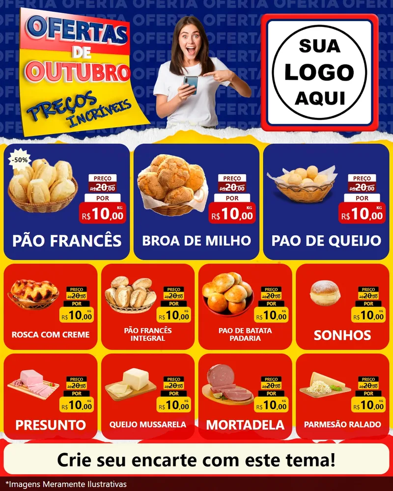 Modelo de Rede Social para Feed Instagram com o tema Ofertas de Outubro - Preços Incríveis para Padaria