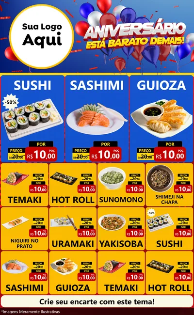 Modelo de Encarte para Encarte Grande com o tema Aniversário para Comida japonesa