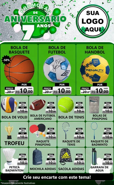 Modelo de Encarte para Encarte Grande com o tema Promoção de Aniversário - 7 Anos para Artigos Esportivos
