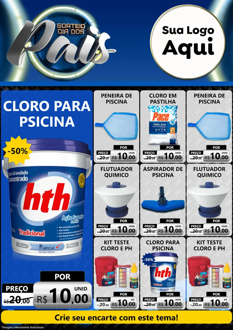 Modelo de Encarte para Encarte A4 Vertical com o tema Sorteio Dia Dos Pais para Produtos para Piscina