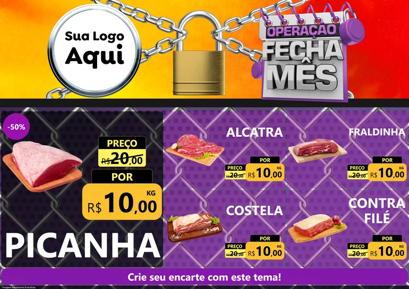Modelo de Encarte para Encarte A4 Horizontal com o tema Operação Fecha Mês para Açougue