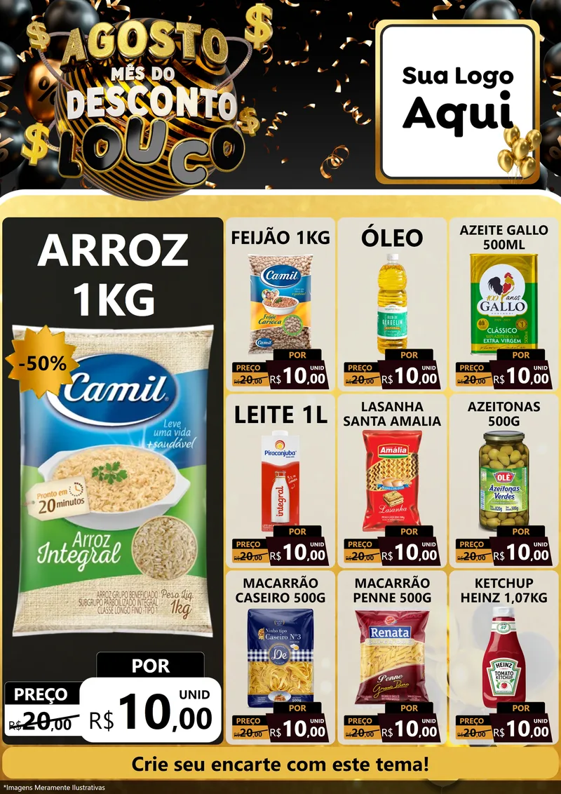 Modelo de Encarte para Encarte A4 Vertical com o tema Agosto Mês do Desconto Louco para Supermercado