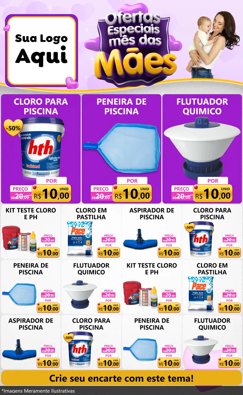 Modelo de Encarte para Encarte Grande com o tema Ofertas Especiais - Mês das Mães para Produtos para Piscina