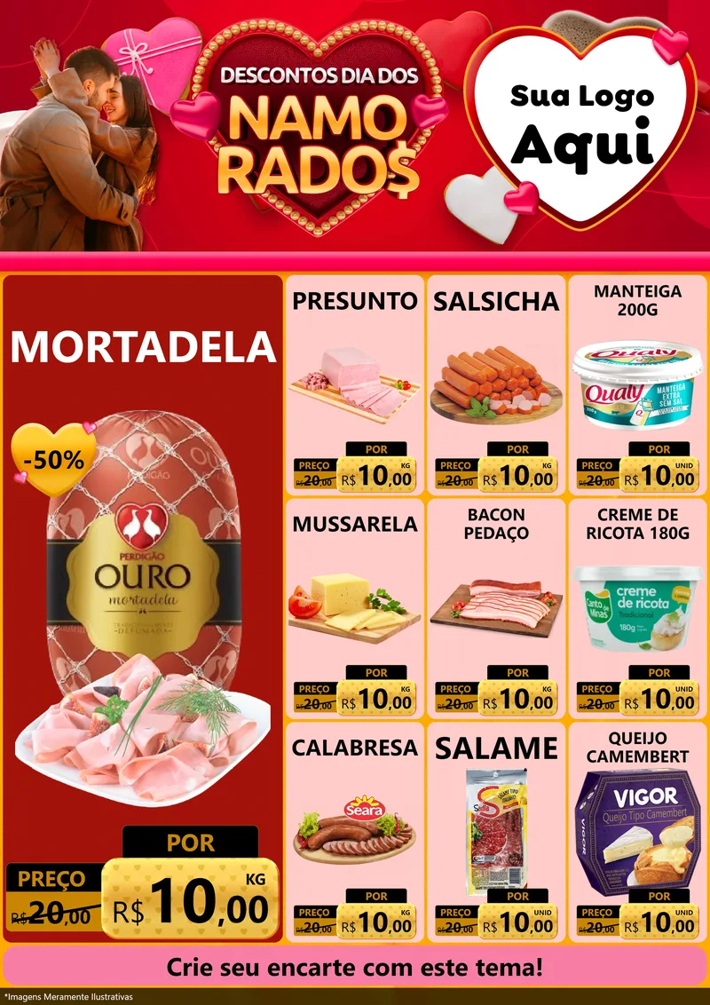 Modelo de Encarte para Encarte A4 Vertical com o tema Descontos Dia dos Namorados para Frios e Laticínios