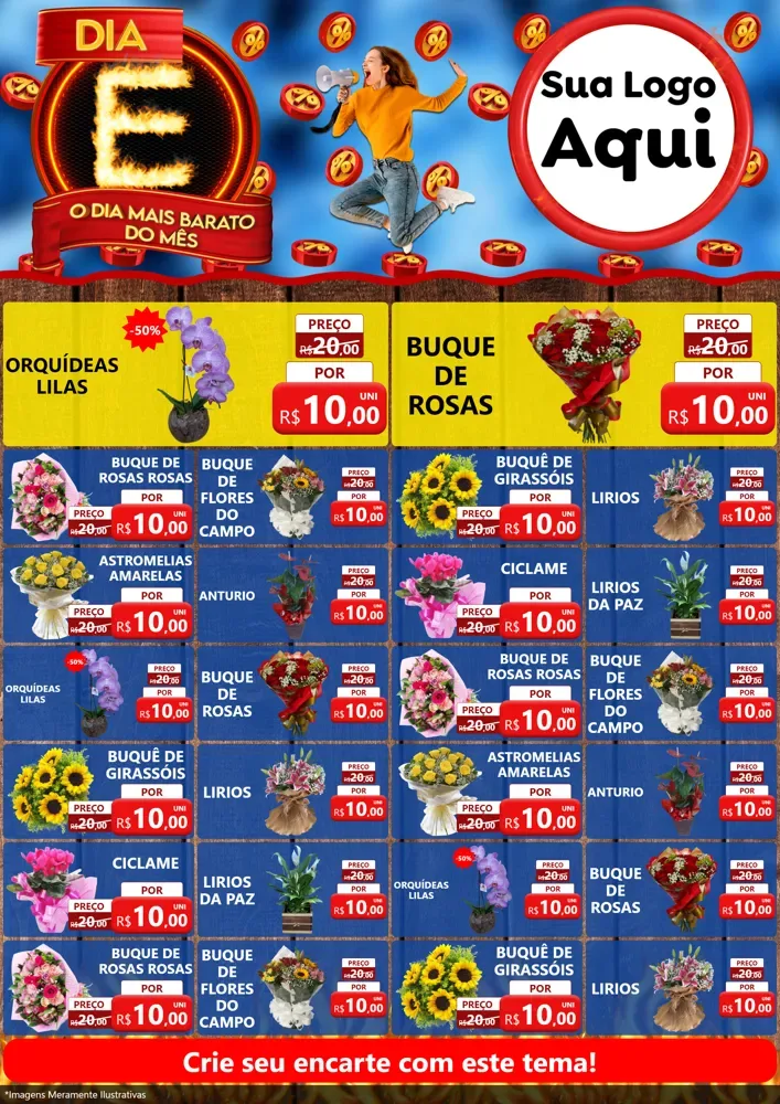 Modelo de Encarte para Encarte A4 Vertical com o tema Dia E - O Dia Mais Barato Do Mês para Floricultura e jardim