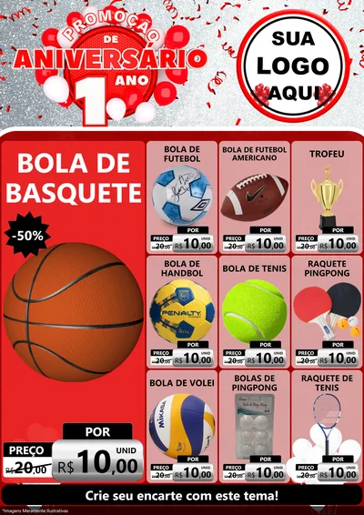 Modelo de Encarte para Encarte A4 Vertical com o tema Promoção de Aniversário - 1 Ano para Artigos Esportivos