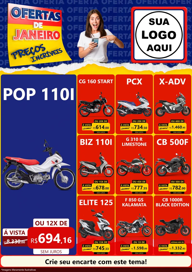 Modelo de Encarte para Encarte A4 Vertical com o tema Ofertas de Janeiro - Preços Incríveis para Concessionaria de Motos