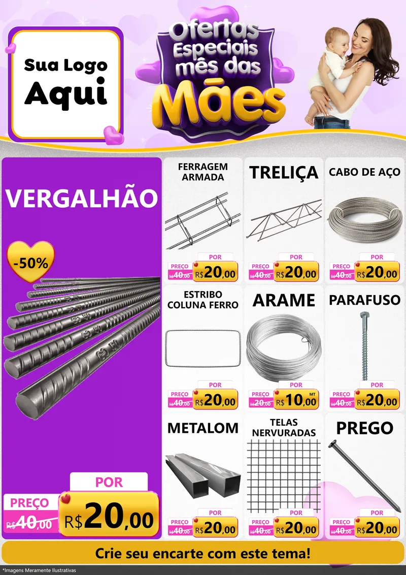 Modelo de Encarte para Encarte A4 Vertical com o tema Ofertas Especiais - Mês das Mães para Ferragens