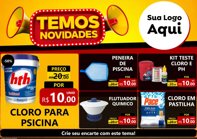 Modelo de Encarte para Encarte A4 Horizontal com o tema Temos Novidades para Produtos para Piscina