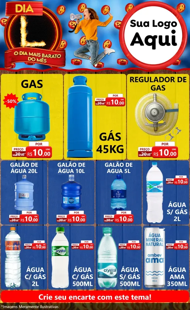 Modelo de Encarte para Encarte Grande com o tema Dia L - O Dia Mais Barato Do Mês para Água e gás
