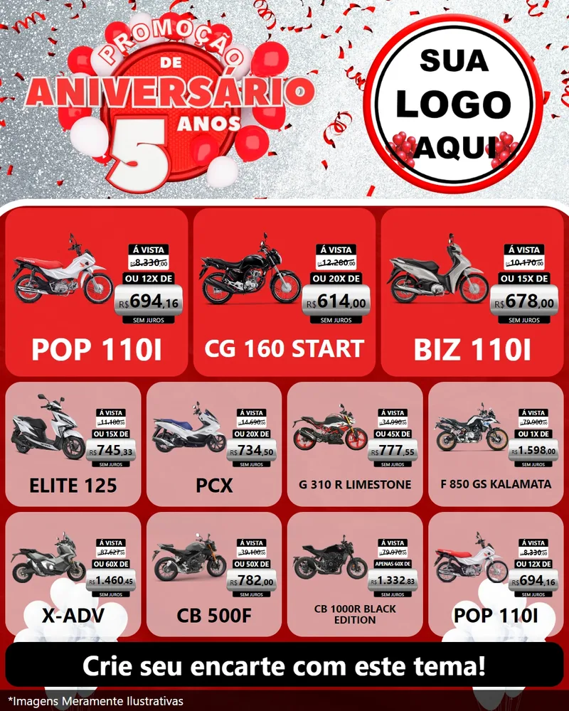 Modelo de Rede Social para Feed Instagram com o tema Promoção de Aniversário - 5 Anos para Concessionaria de Motos