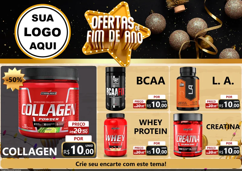 Modelo de Encarte para Encarte A4 Horizontal com o tema Ofertas de Fim de Ano para Suplementos alimentares