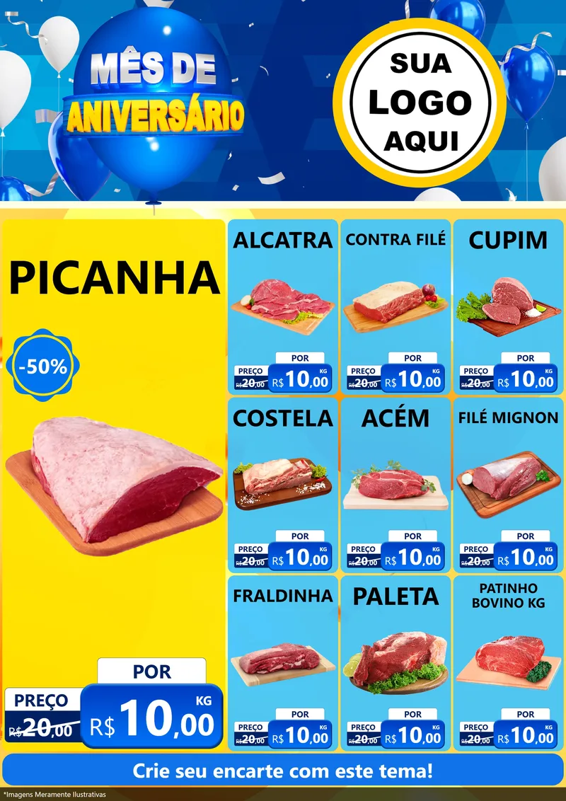 Modelo de Encarte para Encarte A4 Vertical com o tema Mês de Aniversário para Açougue