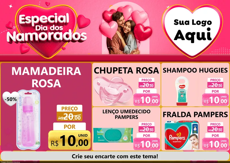 Modelo de Encarte para Encarte A4 Horizontal com o tema Especial Dia dos Namorados para Bebês