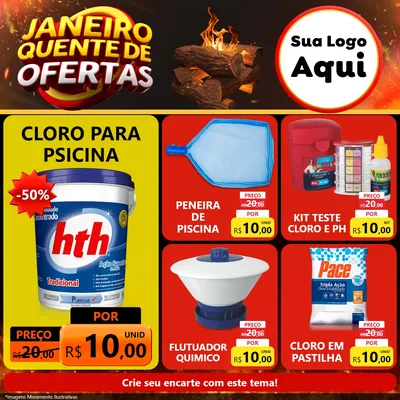 Modelo de Rede Social para Feed Facebook com o tema Janeiro Quente de Ofertas para Produtos para Piscina