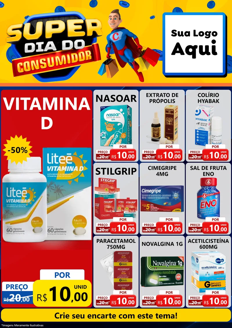 Modelo de Encarte para Encarte A4 Vertical com o tema Super Dia do Consumidor para Farmácia