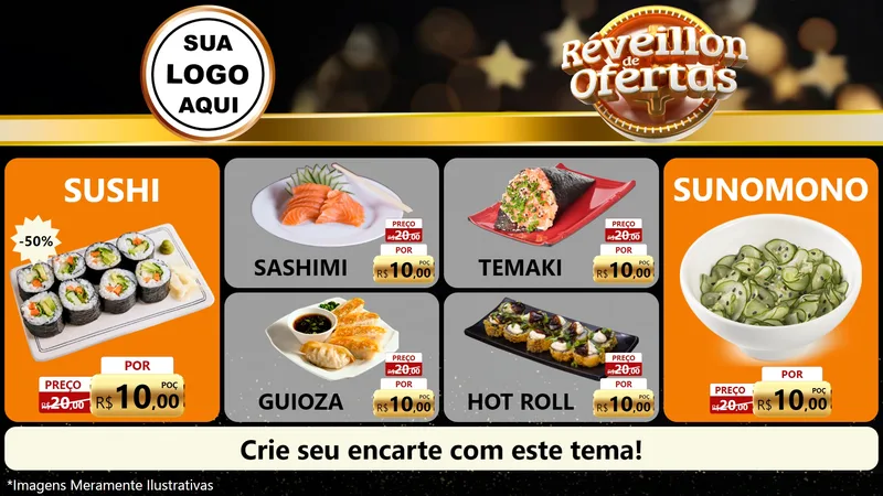 Modelo de TV para TV Horizontal com o tema Réveillon de Ofertas para Comida japonesa