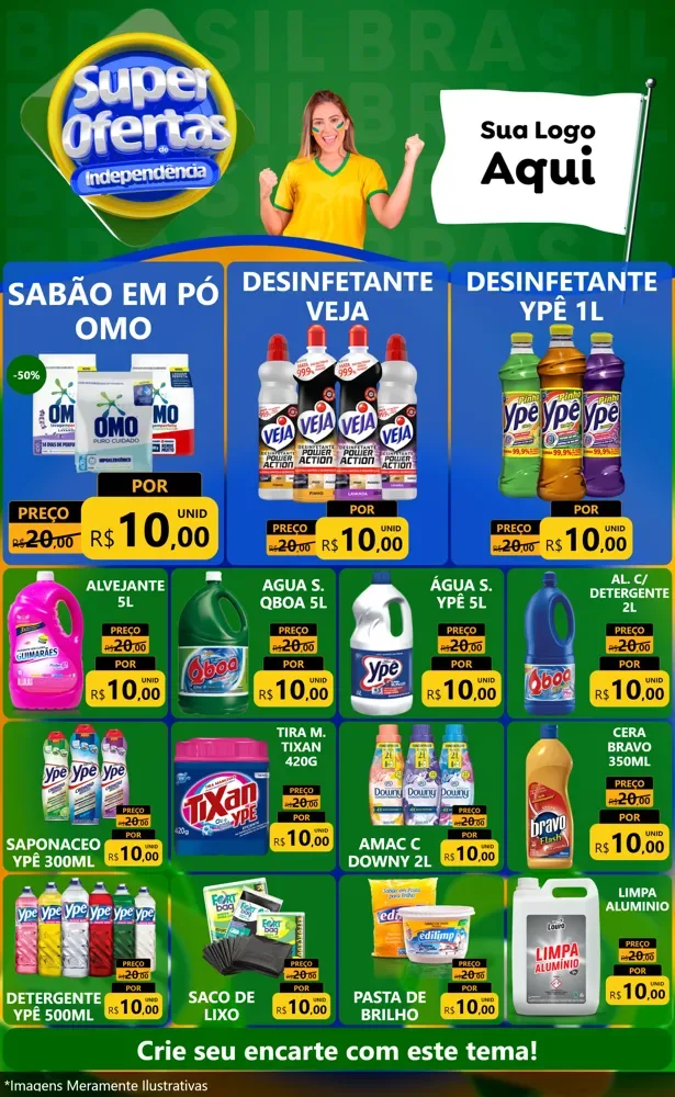 Modelo de Encarte para Encarte Grande com o tema Super Ofertas de Independência para Produtos de Limpeza