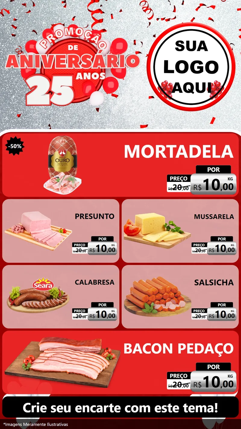 Modelo de TV para TV Vertical com o tema Promoção de Aniversário - 25Anos para Frios e Laticínios