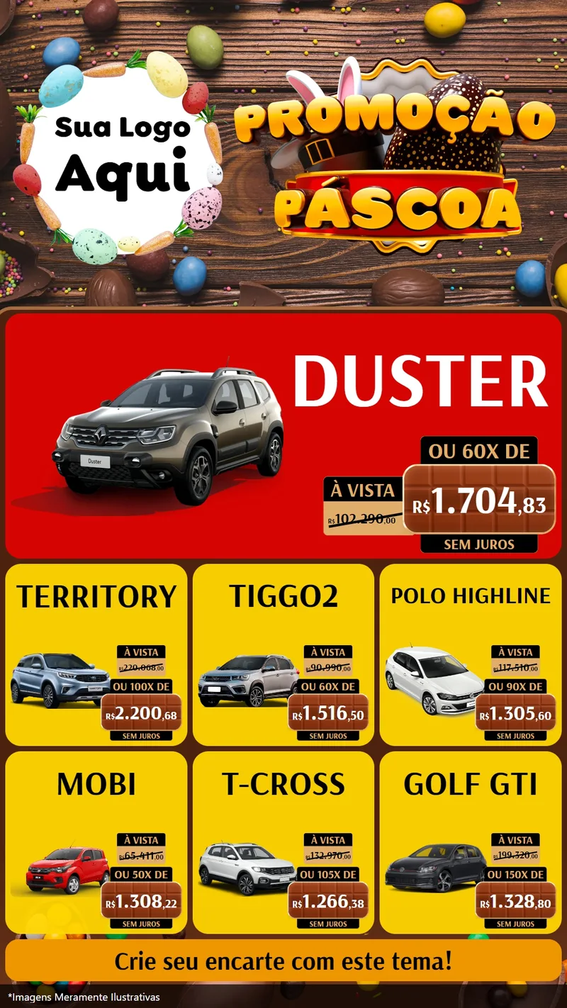 Modelo de Rede Social para Stories com o tema Promoção Páscoa para Concessionaria de Carros