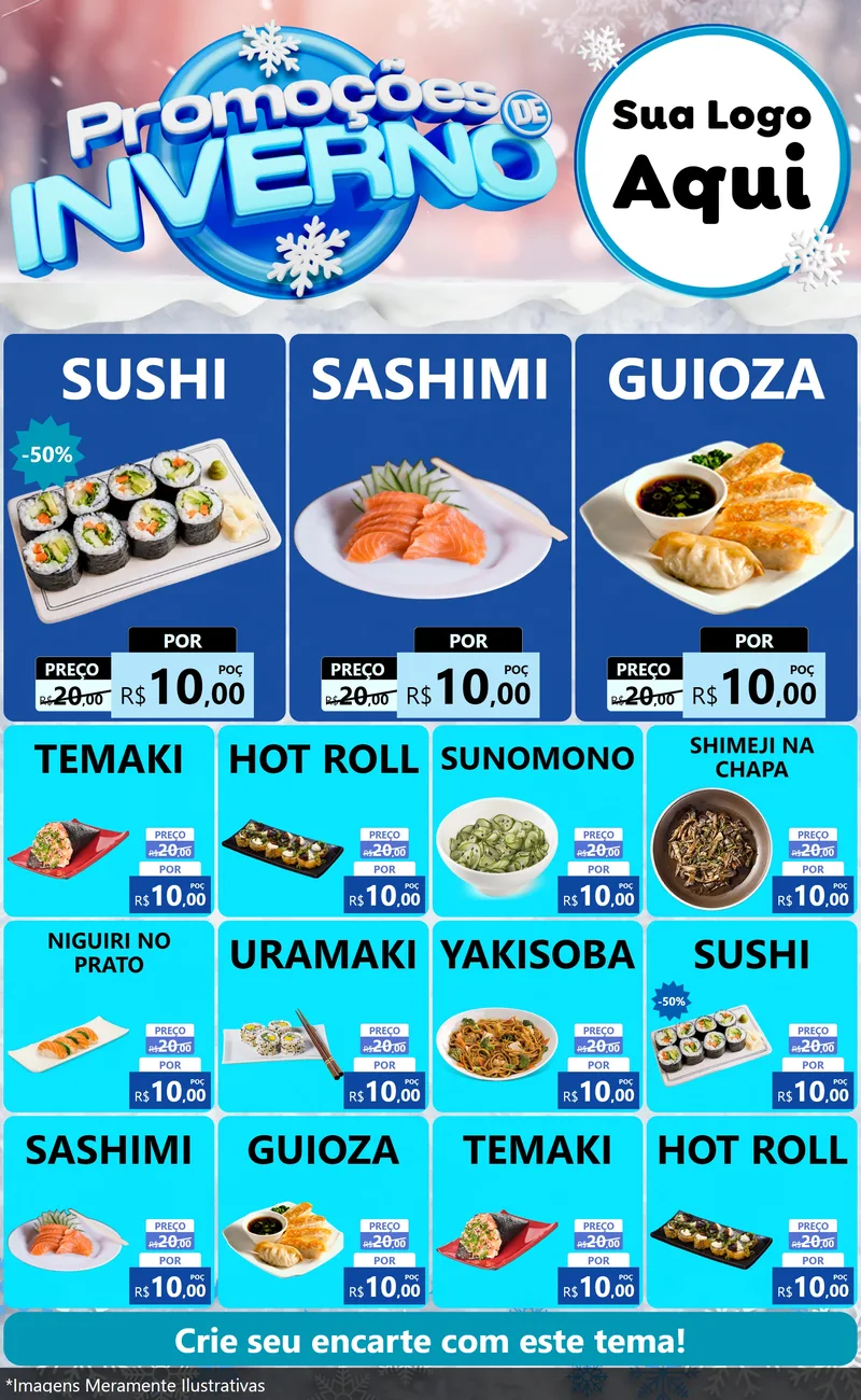 Modelo de Encarte para Encarte Grande com o tema Promoções de Inverno para Comida japonesa