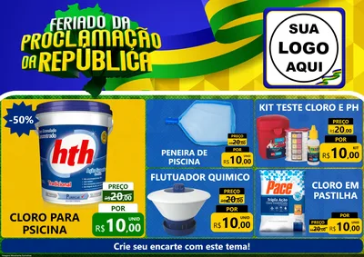 Modelo de Encarte para Encarte A4 Horizontal com o tema Feriado da Proclamação da República para Produtos para Piscina