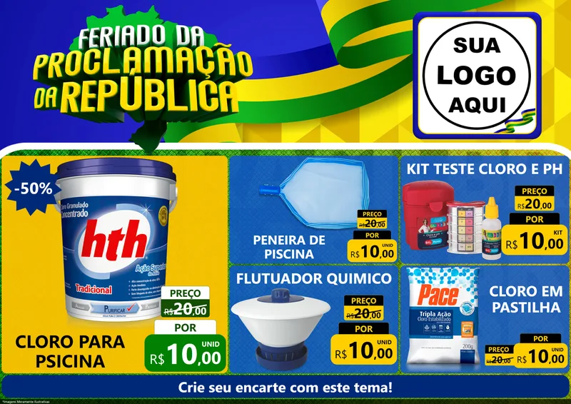 Modelo de Encarte para Encarte A4 Horizontal com o tema Feriado da Proclamação da República para Produtos para Piscina