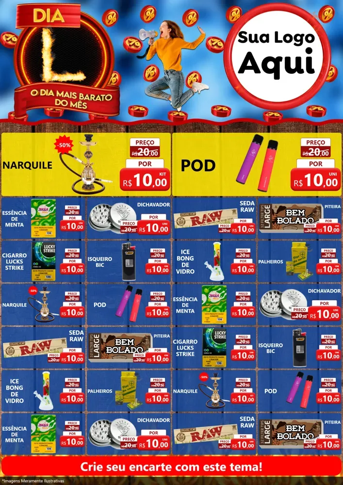 Modelo de Encarte para Encarte A4 Vertical com o tema Dia L - O Dia Mais Barato Do Mês para Tabacaria