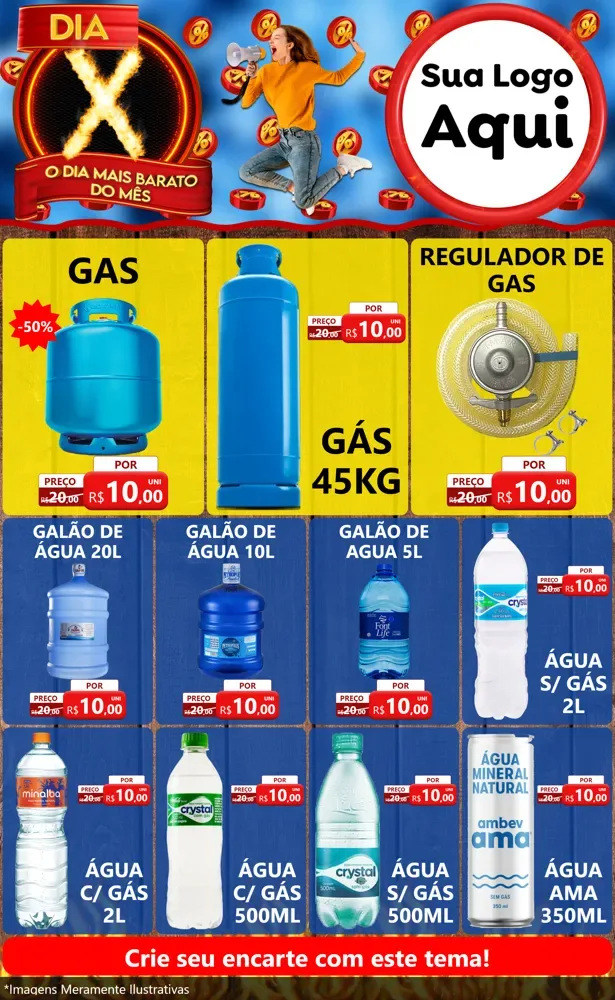 Modelo de Encarte para Encarte Grande com o tema Dia X - O Dia Mais Barato Do Mês para Água e gás