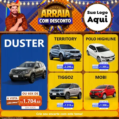 Modelo de Rede Social para Feed Facebook com o tema Arraiá Com Desconto para Concessionaria de Carros
