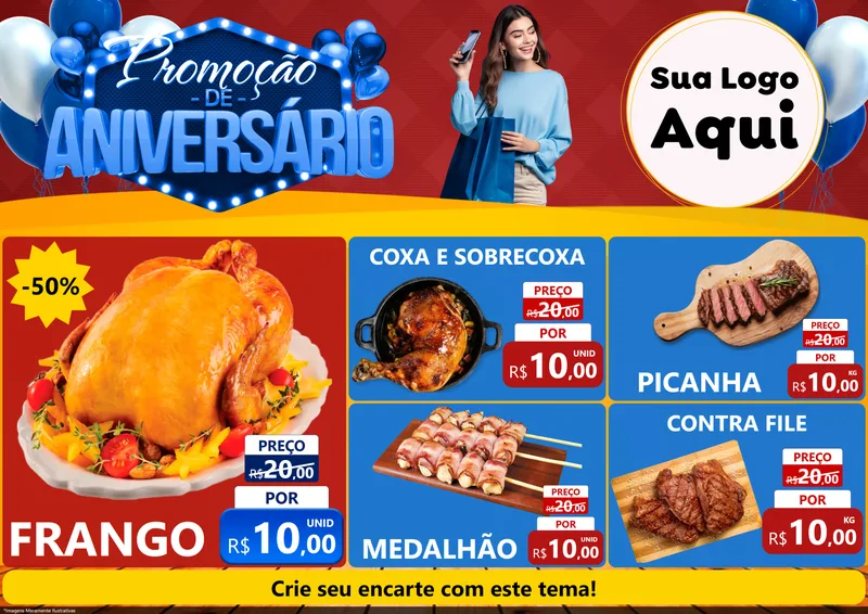 Modelo de Encarte para Encarte A4 Horizontal com o tema Promoção de Aniversário para Assados