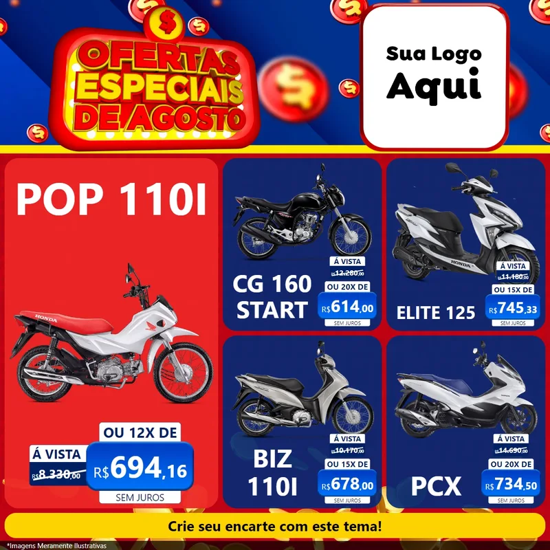 Modelo de Rede Social para Feed Facebook com o tema Ofertas Especiais de Agosto para Concessionaria de Motos