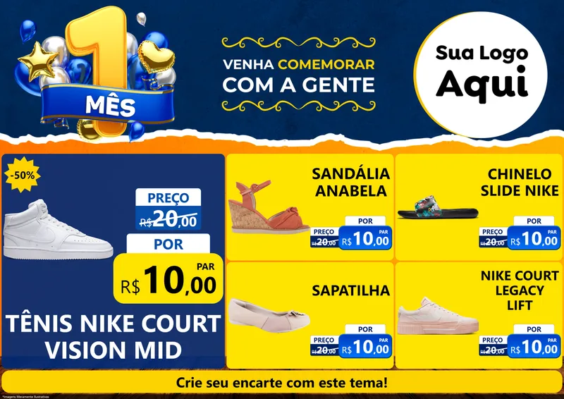 Modelo de Encarte para Encarte A4 Horizontal com o tema Um Mês de Aniversário para Calçados