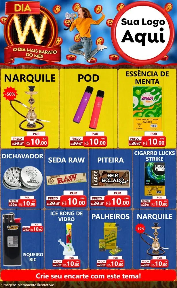 Modelo de Encarte para Encarte Grande com o tema Dia W - O Dia Mais Barato Do Mês para Tabacaria