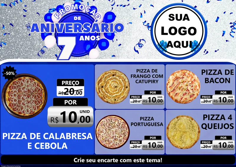 Modelo de Encarte para Encarte A4 Horizontal com o tema Promoção de Aniversário - 7 Anos para Pizzaria