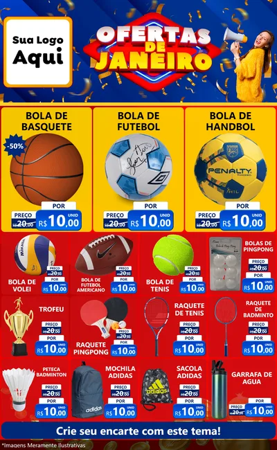 Modelo de Encarte para Encarte Grande com o tema Ofertas de Janeiro para Artigos Esportivos