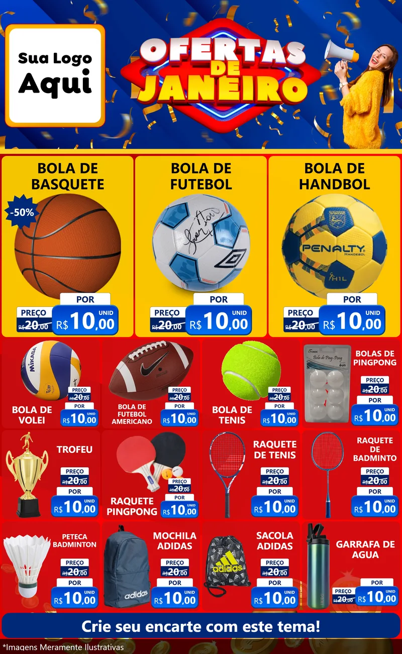 Modelo de Encarte para Encarte Grande com o tema Ofertas de Janeiro para Artigos Esportivos