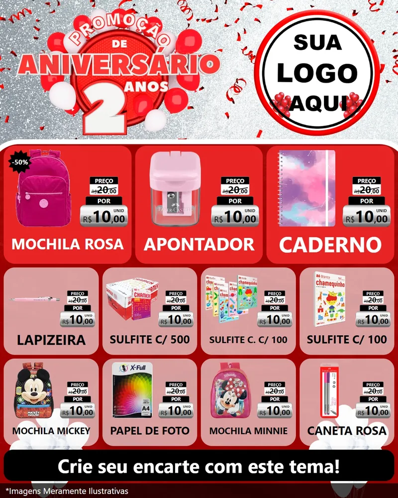 Modelo de Rede Social para Feed Instagram com o tema Promoção de Aniversário - 2 Anos para Papelaria