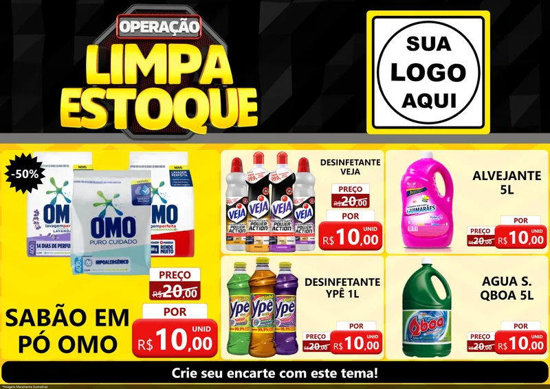 Modelo de Encarte para Encarte A4 Horizontal com o tema Operação Limpa Estoque para Produtos de Limpeza