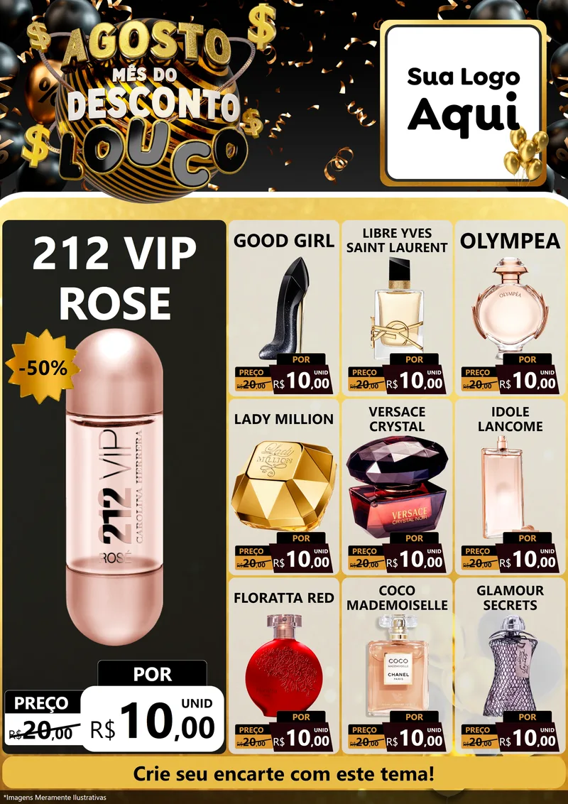 Modelo de Encarte para Encarte A4 Vertical com o tema Agosto Mês do Desconto Louco para Perfumes