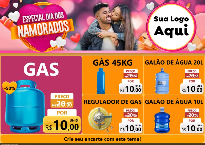 Modelo de Encarte para Encarte A4 Horizontal com o tema Especial Dia dos Namorados para Água e gás