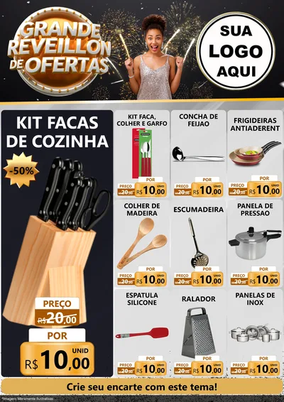 Modelo de Encarte para Encarte A4 Vertical com o tema Grande Réveillon de Ofertas para Utilidades Domésticas