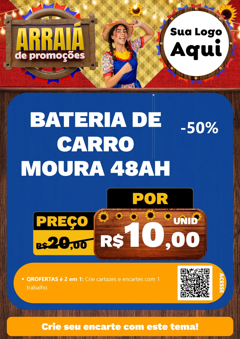 Modelo de Cartaz para Cartaz A4 Vertical com o tema Arraiá de Promoções para Baterias Elétricas