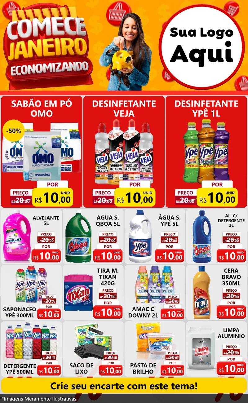 Modelo de Encarte para Encarte Grande com o tema Comece Janeiro Economizando para Produtos de Limpeza